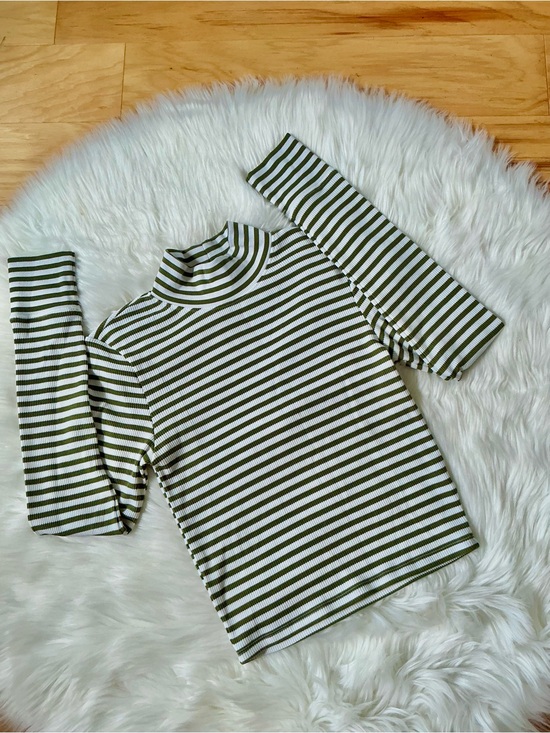 American Eagle Outfitters Tops - American Eagle Outfitters Olive Green & White Striped Mock Neck Long Sleeve Top